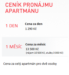 Ceník pronájmu apartmánu